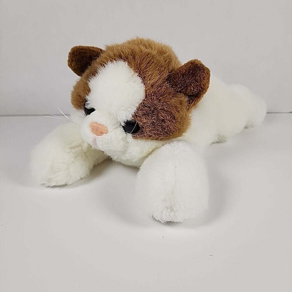 SKM Cat Plush Brown White Kitten Pink Nose Floppy Bean Bag Stuffed Animal 13”